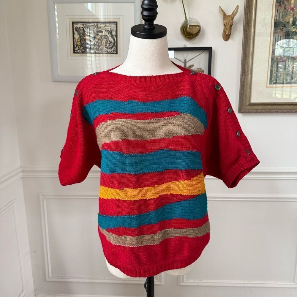 Vintage 80s Chaus Boat Neck Brush Stroke Bold Sweater M